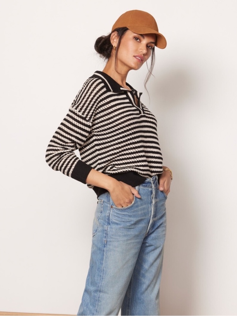 525 America Black Cream Striped Collared Coastal Polo Sweater - Picture 3 of 10